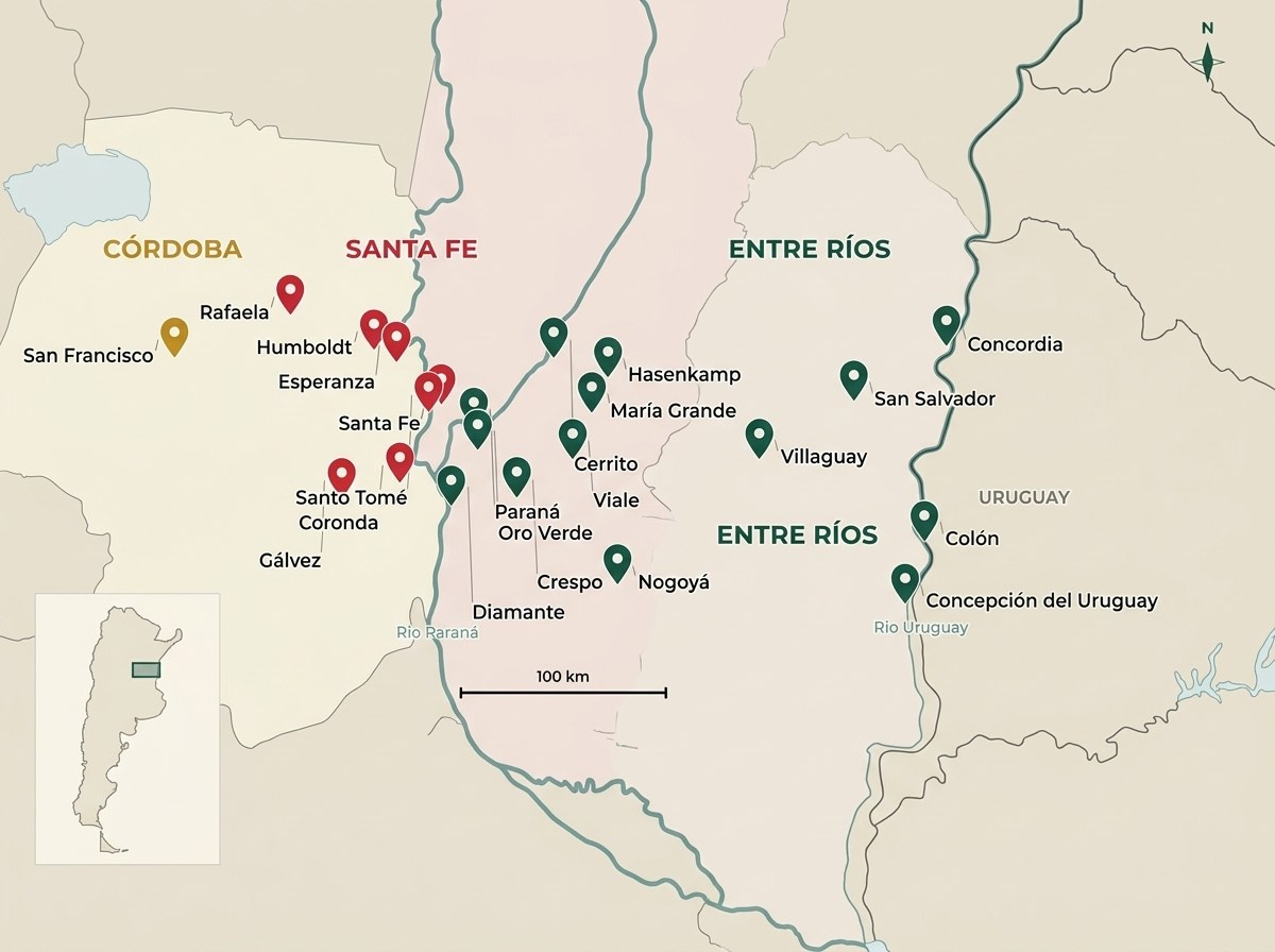 Mapa de presencia comercial de La Bianca en Santa Fe, Entre Ríos y Córdoba