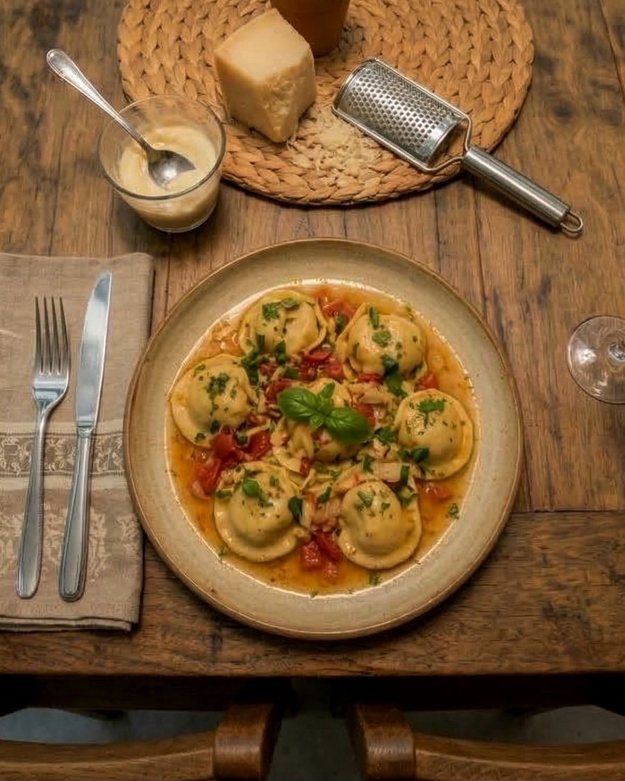 Ravioles caseros en caldo de tomate